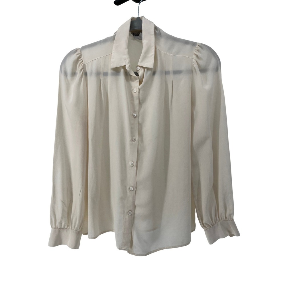 Richard Lang Vintage‎ 100% Silk Blouse Cream Puff Shoulder Button Down Top Sz 10